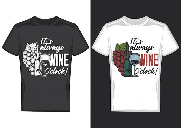 T-shirt design on 2 t-shirts with posters of a bottle of wine and a glass.