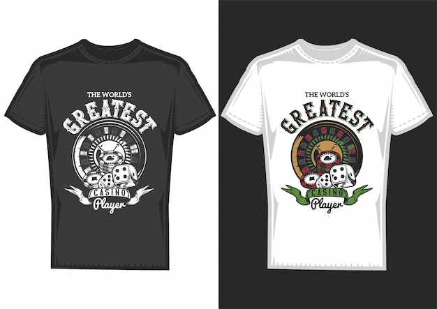 T-shirt design on 2 t-shirts with posters of casino elements: cards, chips and roulette.