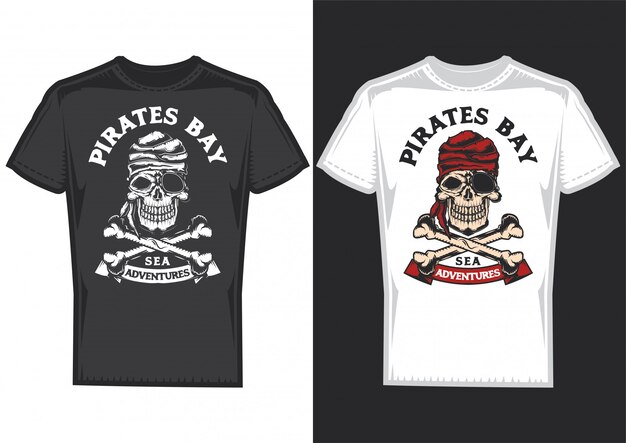 T-shirt design on 2 t-shirts with posters of pirats with bones.