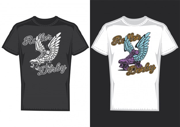 T-shirt design on 2 t-shirts with posters of rollers with wings.