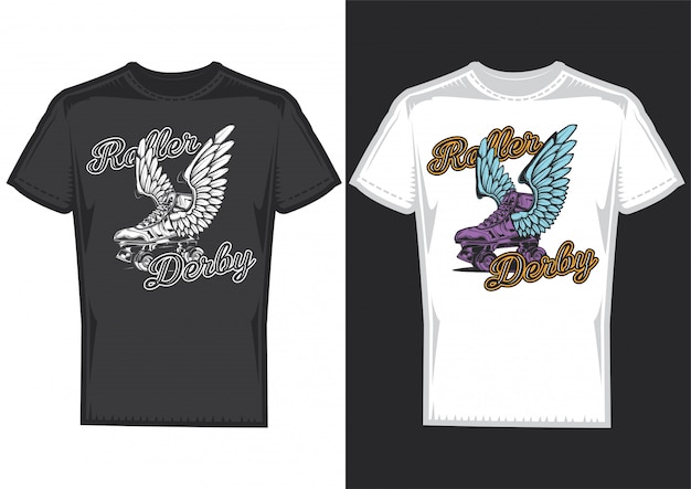 T-shirt design on 2 t-shirts with posters of rollers with wings.