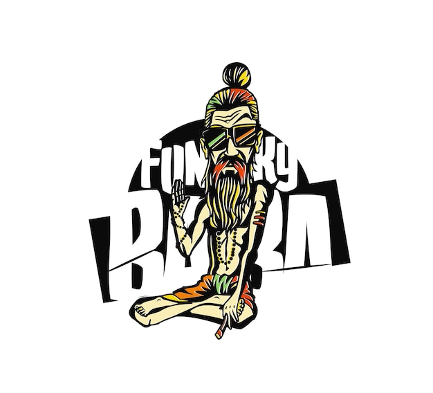 T-shirt design funky baba - yogi che tiene un giunto o una sigaretta, illustrazione vettoriale