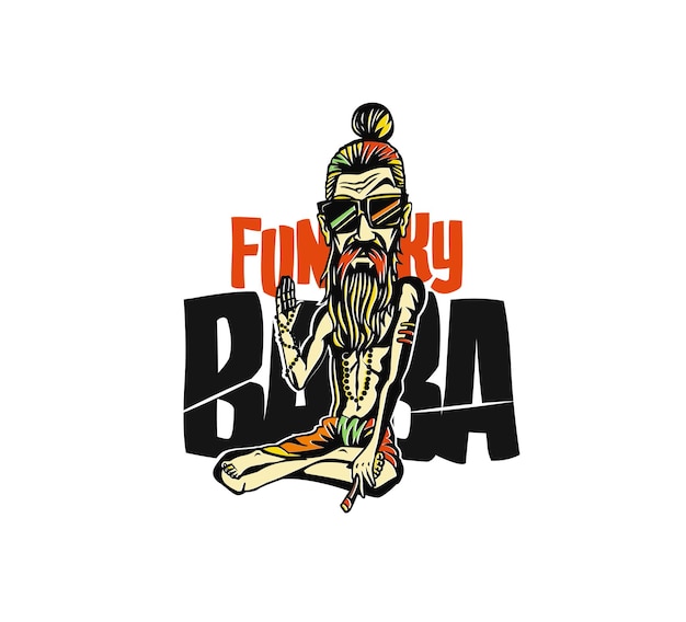 Vettore gratuito t-shirt design funky baba - yogi che tiene un giunto o una sigaretta, illustrazione vettoriale