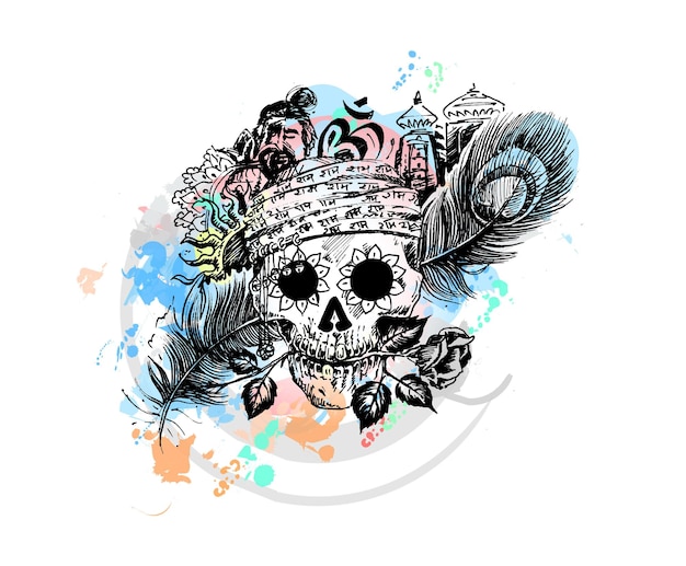 T-shirt Design - Men Skull with Rose Peacock Feather Temple for Black Magic.