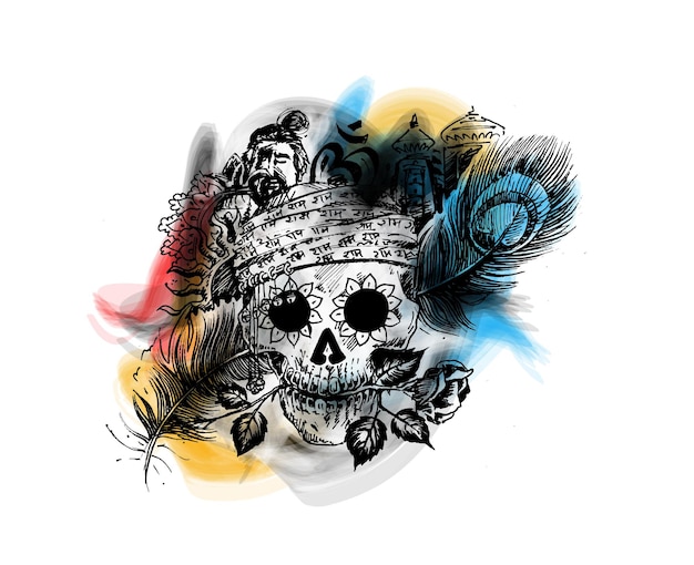 T-shirt Design - Men Skull with Rose Peacock Feather Temple for Black Magic.