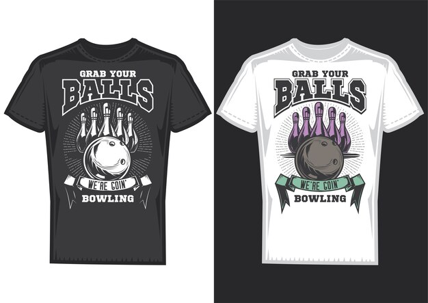 T-shirt design samples with illustration of bowling design.