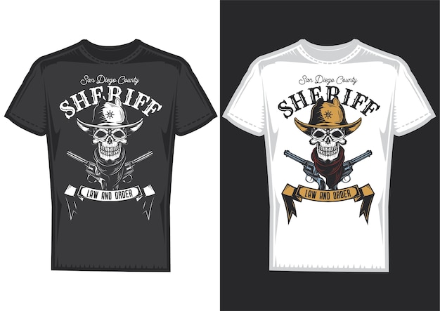 Образцы дизайна футболки с изображением черепа ковбоя.