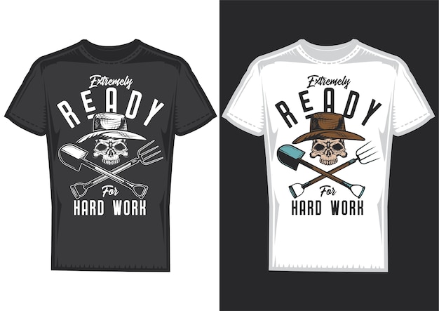 T-shirt design samples with illustration of a farmer with a shovel.
