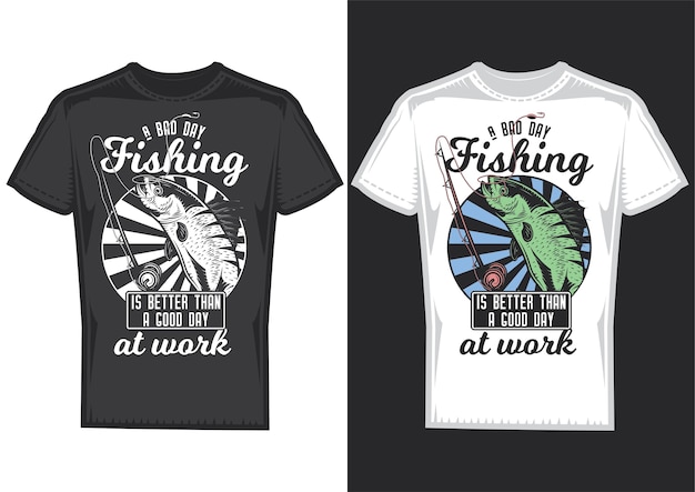 T-shirt design samples with illustration of a fish and a fishing rod.