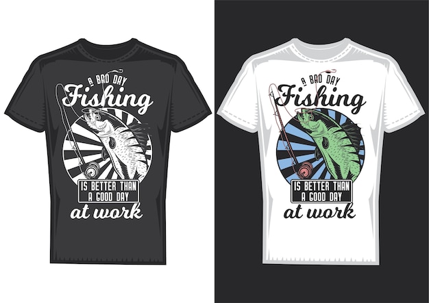 Образцы дизайна футболки с изображением рыбы и удочки.