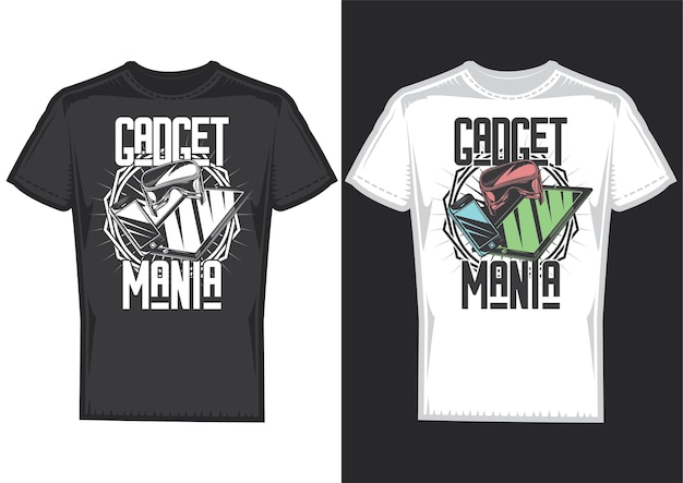 T-shirt design samples with illustration of gadgets.