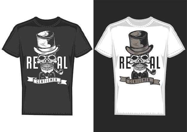 Campioni di design di t-shirt con illustrazione di un teschio gentiluomo con un cappello.