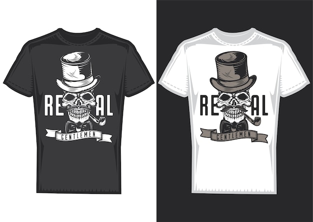 T-shirt design samples with illustration of a gentleman skull with a hat.