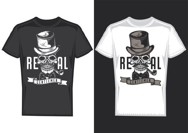 Образцы дизайна футболки с изображением черепа джентльмена в шляпе.