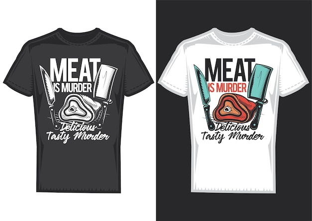Образцы дизайна футболки с изображением мяса и ножей.