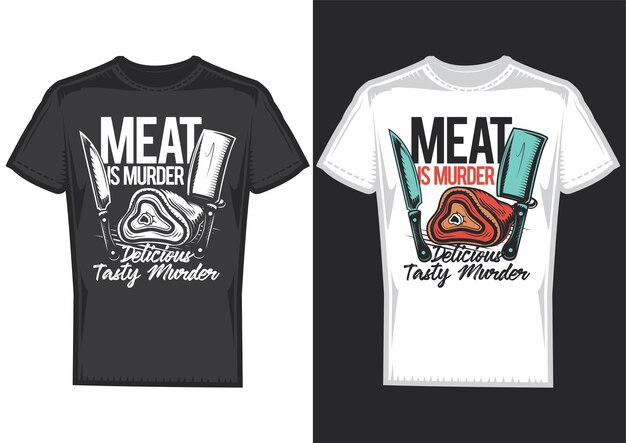Образцы дизайна футболки с изображением мяса и ножей.