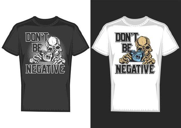 T-shirt design samples with illustration of a photographer skull with camera.