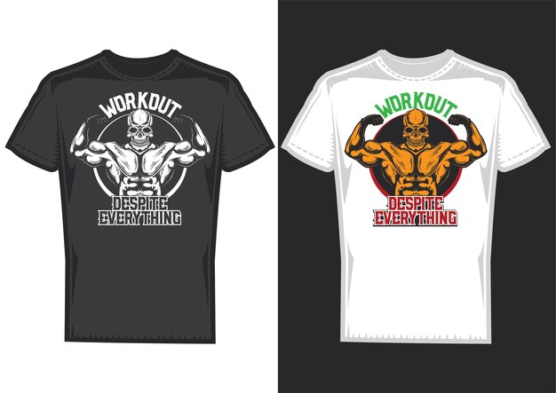 T-shirt design samples with illustration of a skull with big muscles.