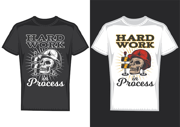 T-shirt design samples with illustration of a skull with hardhat.