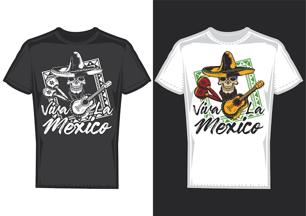T-shirt design samples with illustration of a skull with mexican hat and a guitar.