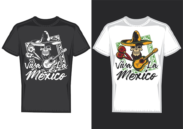 メキシコの帽子とギターの頭蓋骨のイラストとTシャツのデザインサンプル。