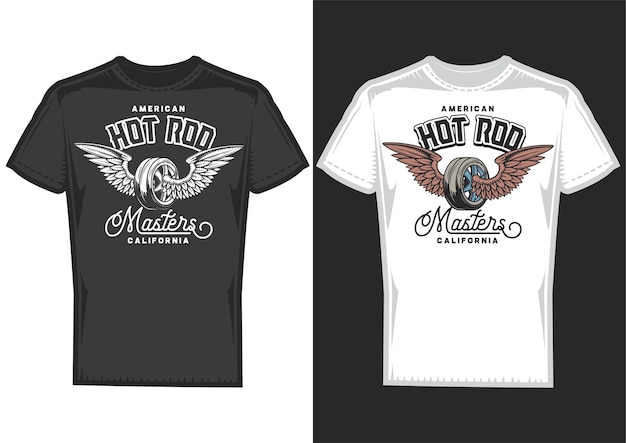 T-shirt design samples with illustration of wheel with wings.