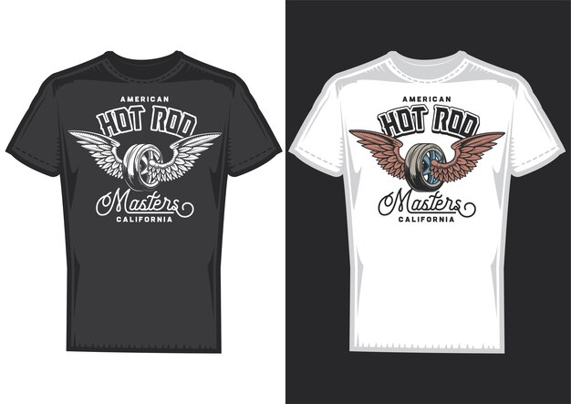 T-shirt design samples with illustration of wheel with wings.