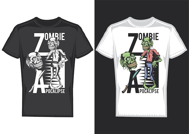 T-shirt design samples with illustration of zombies.