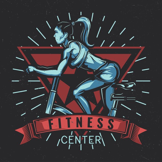 T-shirt label design with illustration of girl on the exercise bike