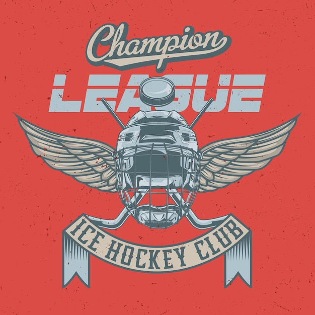 Free vector t-shirt label design with illustration of hockey mask, hockey sticks and puck