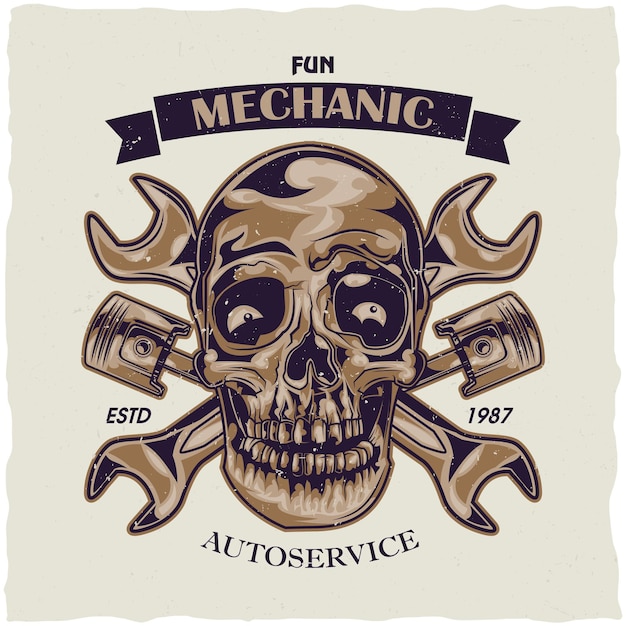 Free vector t-shirt label design with illustration of mechanic skull