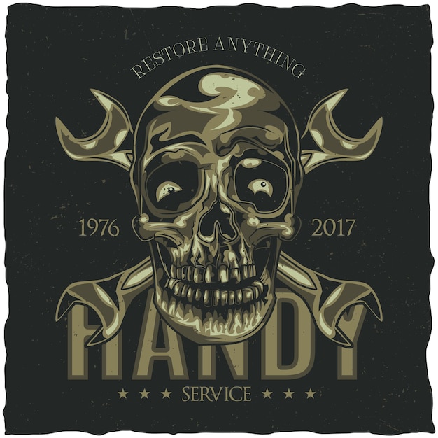 Free vector t-shirt label design with illustration of mechanic skull