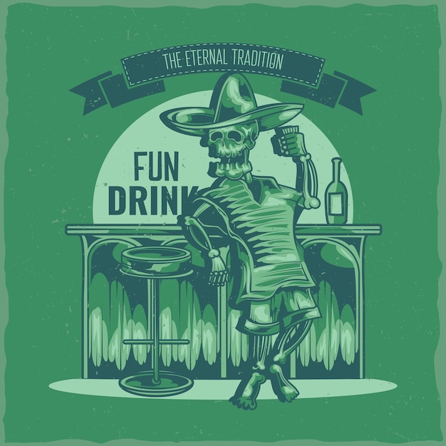 T-shirt label design with illustration of mexican drunk skeleton
