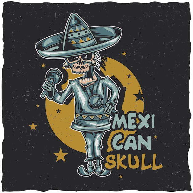Design dell'etichetta della maglietta con l'illustrazione del musicista messicano