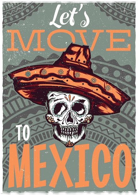 T-shirt label design with illustration of mexican skull in sombrero