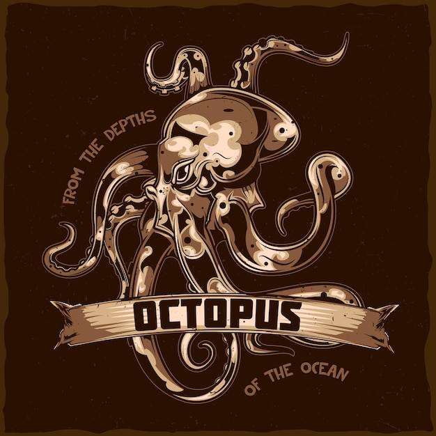 T-shirt label design with illustration of octopus