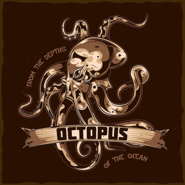 Дизайн этикетки на футболке с изображением осьминога