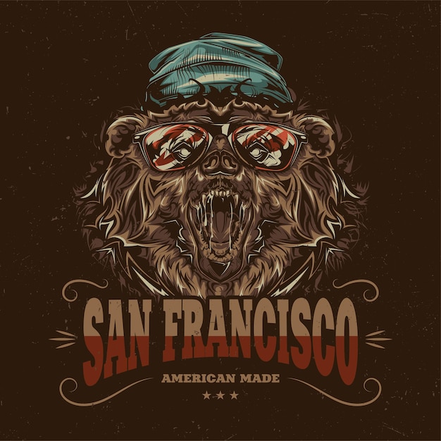 Бесплатное векторное изображение Дизайн этикетки на футболке с изображением медведя в хипстерском стиле в шляпе и очках