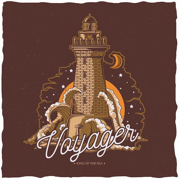 T-shirt label design with illustration of old lighthouse.