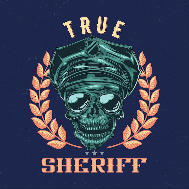 T-shirt label design with illustration of skull in a police hat and sunglasses