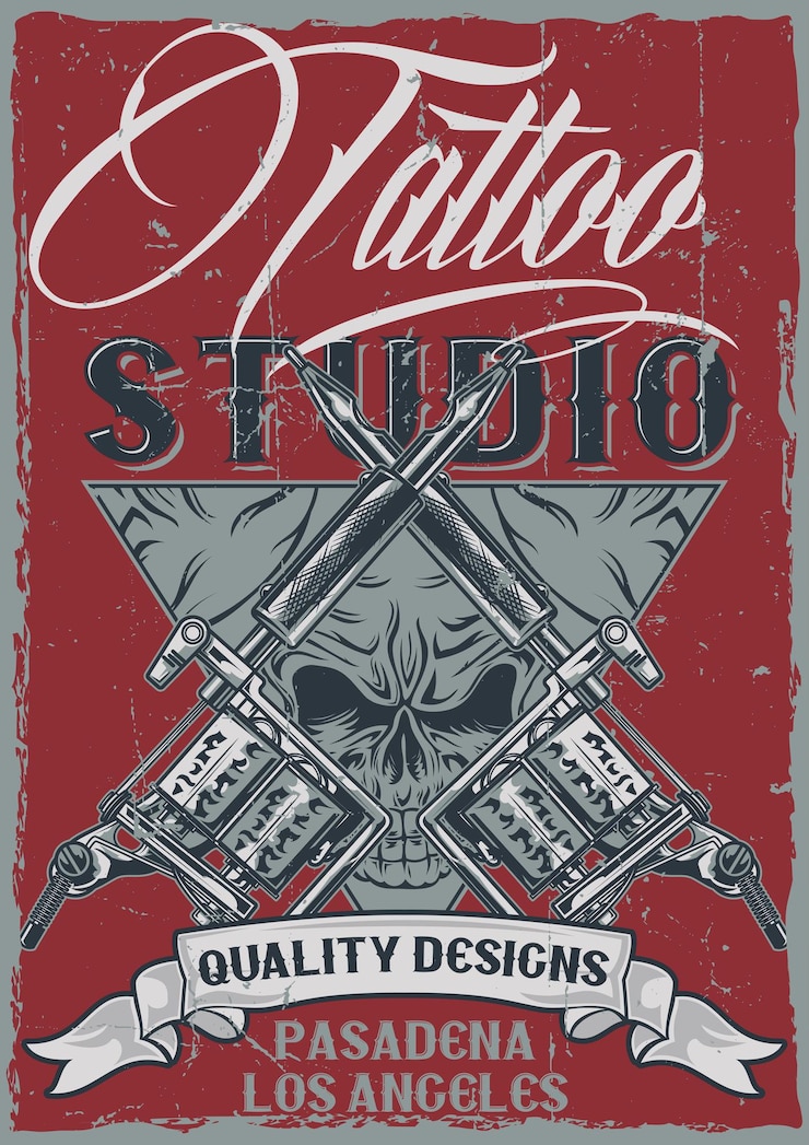 Free Vector t-shirt label design with illustration of tattoo machines