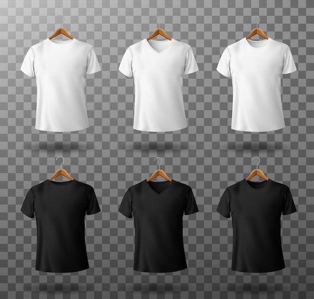 Free vector t-shirt mockup black and white male t shirt with short sleeves on wooden hangers template front view.