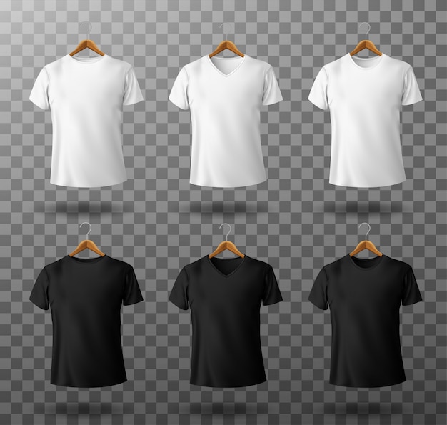 T-shirt mockup black and white male t shirt with short sleeves on wooden hangers template front view.