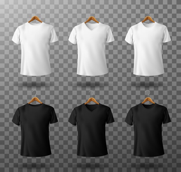 나무 옷걸이 템플릿 전면보기에 짧은 소매와 티셔츠 모형 흑인과 백인 남성 티셔츠.