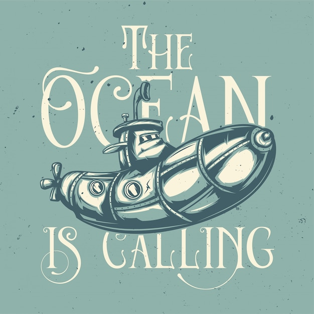 무료 벡터 재미있는 잠수함의 illustraion이있는 티셔츠 또는 포스터 디자인