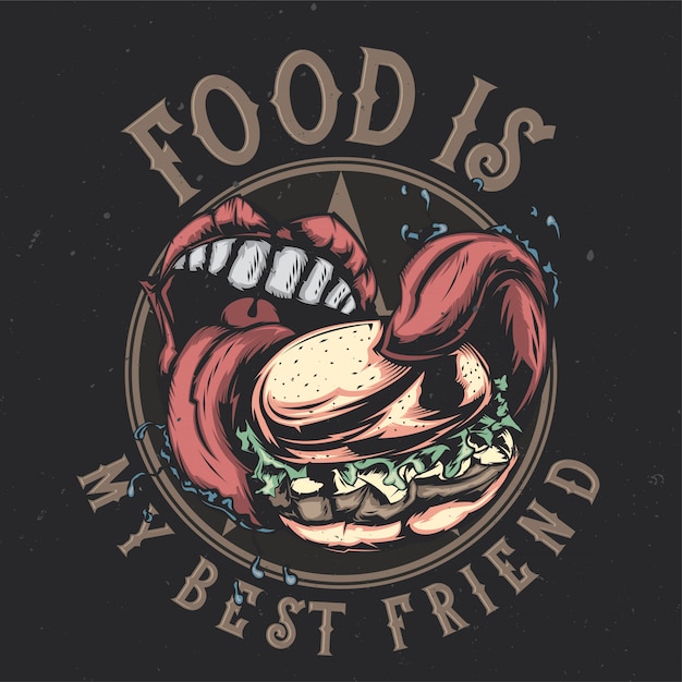 T-shirt or poster design with illustraion of big mouth eating big burger