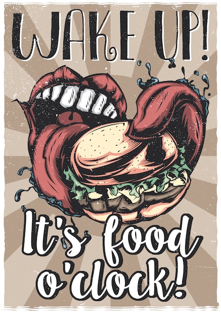 Дизайн футболки или плаката с изображением большого рта, поедающего большой бургер
