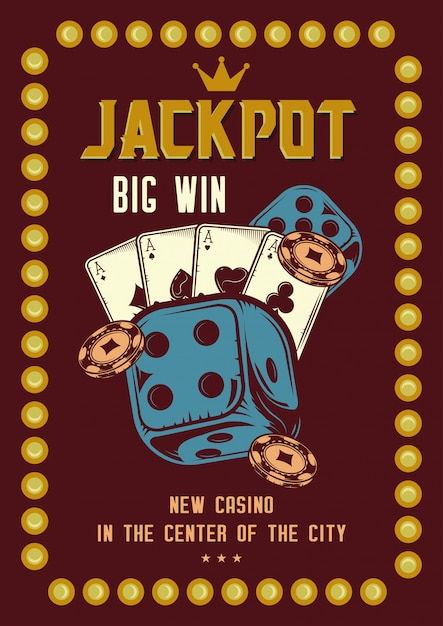 T-shirt or poster design with illustraion of casino elements: cards, chips and roulette.