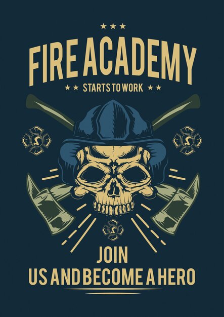 T-shirt or poster design with illustraion of firefighter with axes.