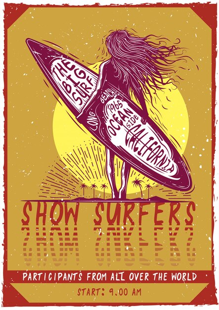 T-shirt or poster design with illustraion of a girl with surfboard.